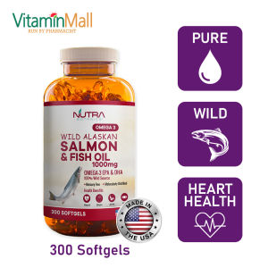 300 Softgels - Nutra Botanics Wild Alaskan Omega 3 Salmon Fish Oil 1000mg - EPA & DHA Supplement Brain Heart Eye Joint Cholesterol Health