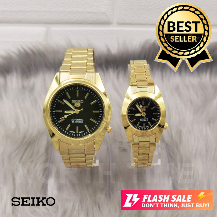 SEIKO 5 21 Jewels Couple Stainless Steel Watch Black Dial GOLD for Men and Women COUPLE WATCH SK5C02 Baak Howard HW watch Hw Fashion Trends Couple Lazada PH