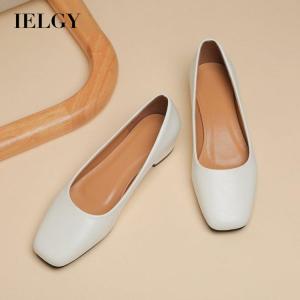 IELGY womens single shoes low heel chunky heel shallow mouth soft leather square toe all-match small leather shoes