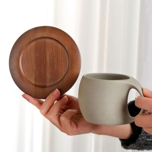 LINSBAYWU with Wood Saucer Rough Pottery Modern Art Coffee Cup Rounded Handle Japanese Style Drink Mug Durable Matte Ceramic Tea Cup Afternoon Tea