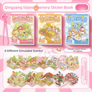 IFFINE 3Pcs Cartoon Miniature Landscape Sticker Collection Visual Stacking Decorative 3D Landscape Sticker Book Kawaii Miniature Scene Collage Children Gift