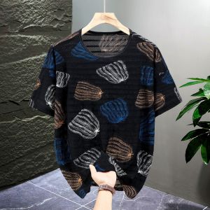 【5XL-12XL】175KG Can Wear Large Big Plus Size Fat Oversize 88%Nylon Mens Mesh Hollow Striped Pattern Short Sleeve Cool T-Shirt Loose Fashion Casual Summer