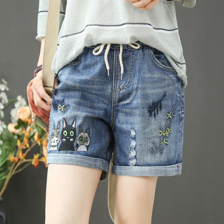 Hot Sale Women's Denim Shorts Retro Elastic Waist Summer New Female Plus  Size Short Jeans Butterfly Embroidered Ripped Straight Casual Ladies  Curling