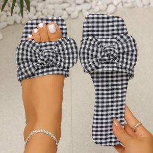 Free Shipping 2026 Summer New Plaid Bowknot Flat Sandals Open-Toe Casual WomenS Slippers For Outdoor Wear