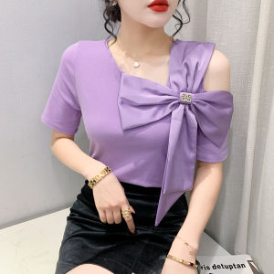 YIMEI Áo Màu Tím Ngọt Ngào Áo Thun Nữ 2023 Mùa Hè Mới Bướm Lớn Thắt Nút Hở Vai Áo Thun Nữ Cotton Dáng Ôm Cá Tính Đẹp