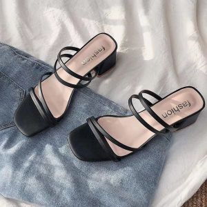 Free Shipping Black Thin-Strap Sandals New Style Mid-Heel WomenS Outdoor Sandals Chunky Heel Single-Strap Design WomenS Shoes Square-Toe Sandals.