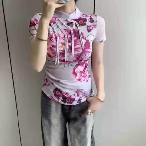 AMMIN 2025 Summer New Pleated Nipped Waist Design High-Grade Lace-up Buckle Stand Collar Short Sleeve Vintage Floral Printed T-shirt Womens Chinese Style Classical Elegant Blouse