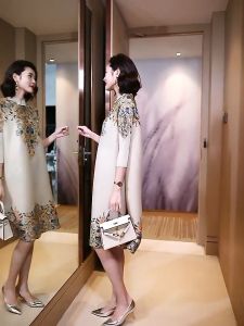 Yesfashion Store IN stockWomen Improved Cheongsam Dress Vintage Printing Buckle Midi Skirt Loose Plus Size Chinese Style Stand Collar Dress