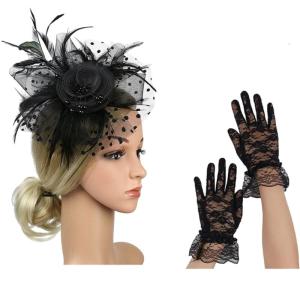 Fascinator Feather Embellished Pillbox Derby Hat With Netting and Wrist Lace Gloves Set For Race Day Prom Occasion