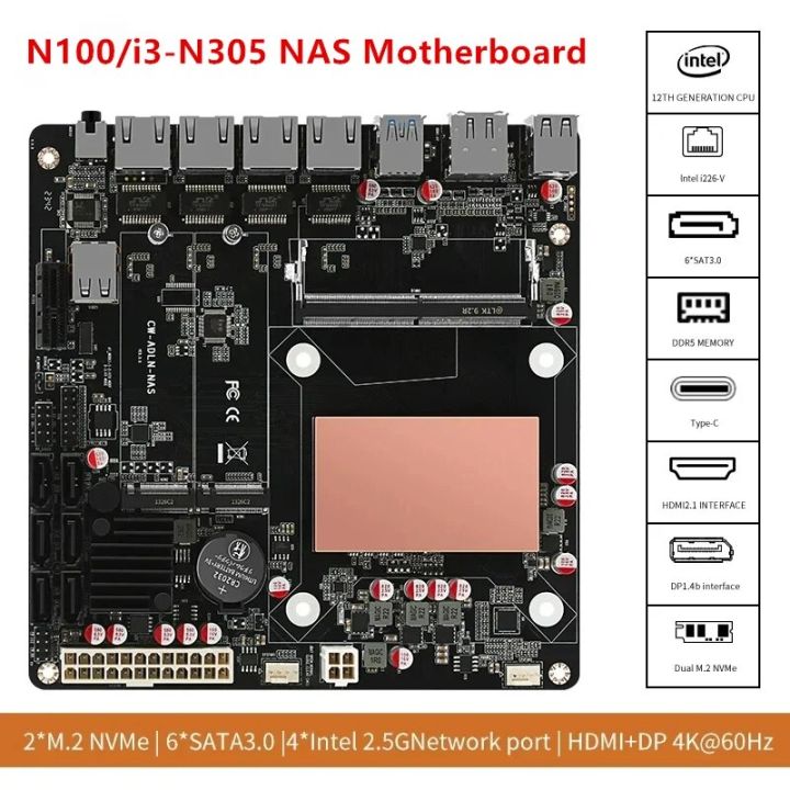 6Bay N100 i3N305 NAS Motherboard 12th Gen Intel 4x i226V 2.5G 2xNVMe