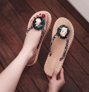 [Free Shipping] Stylish Sandals Travel-Friendly With A Jute Sole Korean-Style For Outdoor Wear Featuring Floral Designs And Designed As Beach Flip-Flops For Women