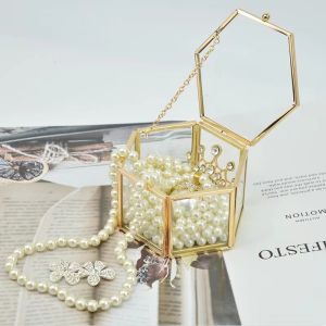 Hexagon Transparent Glass Ring Box Wedding Ring Box Geometric Clear Transparent Glass Gold Jewelry Box Hand Gift Storage Box Jewelry Box