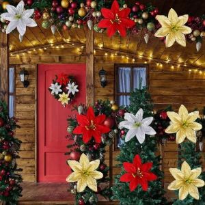 10Pcs Christmas Artificial Decor Flowers Red Gold Silver Xmas Tree Fake Flower Ornament DIY New Year Party Decoration