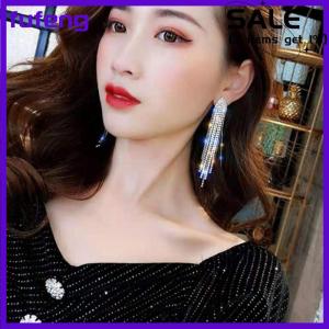 fufeng Dài tua đầy đủ Rhinestone thả Bông tai cho phụ nữ ovsize pha lê dangle Bông tai thời trang đồ trang sức phụ kiện