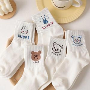 Trendy Breathable Women Cute Cartoon Animal Cotton Mid Length Socks Rabbit Bear Print Female Casual Socks Medias Termicas Mujer