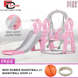FDS (RC170) Castle Tower 3 In 1 Swing And Slide Indoor / Outdoor Mini Playground With Basketball Hook & Safety Guard Fence Play Set For Kids Toys Papan Gelongsor
