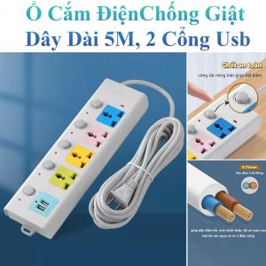 Ổ Cắm Điện Thái Lan Đa Năng Chống Giật Dây Dài 5M 2 Cổng Cắm Usb Có Chốt An Toàn Tiện Dụng