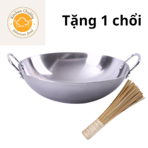 Chảo inox chống dính nhám 2 quai - Chảo inox cao cấp dùng trong phòng bếp  nhà hàng (Tặng 1 Chồi Chùi Chảo)