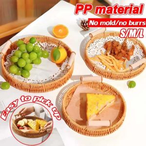 Woven Picnic Basket Tray with Double Wooden Handles for Bread Fruits and Snacks
