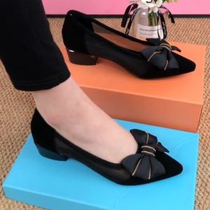 Free Shipping WomenS Black Mesh Hollow-Out Pointed-Toe Shallow-Mouth Single Shoes With A Chunky Heel And Bow Detail Summer New Style Mom Shoes