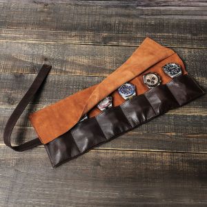 Roll_n_Rotate CONTACTS FAMILY Geniune Leather 6 Watch Roll Case Oil Nubuck Leather Watch Box Handmade Wristwatch Pouch Organizer