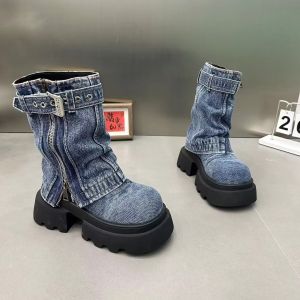 Martin boots 2025 new denim fake two-piece stack boots motorcycle boots short boots hot girl style zipper womens shoes