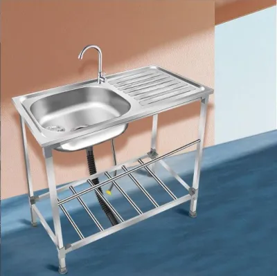 304 Stainless Steel Kitchen Sink with Workbench & Gas Stove Rack with Vegetable Wash Basin Single Bowl Household Floor Countertop Integrated Sink Set