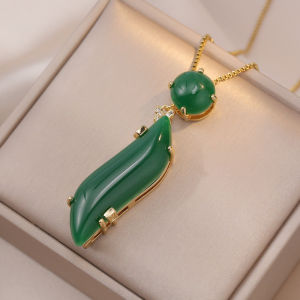 Luxury Green Jade Pendant Necklace Gold Plated Leaf Elegant Jewelry Daily Wear Gift for Anniversary