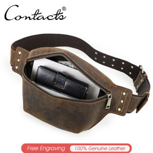 CONTACTS Genuine Leather Mens Waist Bag Chest Bags For Male Portable Phone Bags Multifunctional Crossbody Bag