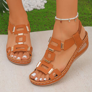 Free Shipping 2026 New Style Wedge Heel Sandals For Women Summer Plus Size Thick-Soled Fish-Mouth Sandals With Metal Buckle Roman Style Size 43