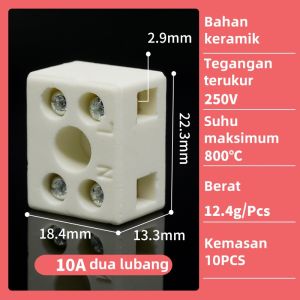 10pcs Terminal Block Keramik 2 Pole 10A/15A Tahan Panas