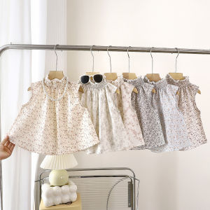 ชุดเดรสคอตั้งลายดอกไม้สำหรับเด็ก ชุดเจ้าหญิงผ้าฝ้ายแท้ ชุดเดรสเด็กผู้หญิง