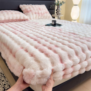 【Super low price】Luxury Faux Rabbit Plush Fitted Sheet with Deep Pocket Winter Thicken Warm Mattress Protector Soft Fluffy Double Mattress Cover