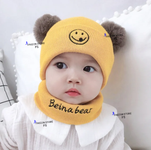 topi kupluk bayi pompom bordir smile topi bayi laki laki perempuan lucu umur 3 bulan - 2 tahun