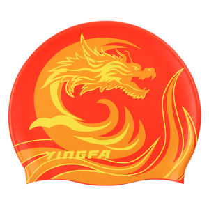 YINGFA หมวกซิลิโคนพิมพ์ลายหมวกว่ายน้ำความเหนียวสูงหมวกว่ายน้ำสากลหมวกกีฬาทางน้ำมืออาชีพเหมาะสำหรับผู้ชายและผู้หญิงที่มีผมยาวปานกลาง