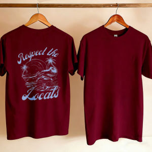 [Local Stock] HBESTY  Crew Neck Beige Cotton T-Shirt with Cursive Text Palm Trees Island Silhouette Respect The Locals Retro 90s Surf Beach Vintage