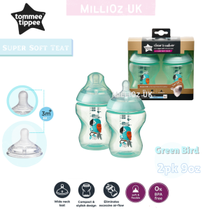 Tommee Tippee Closer to Nature Super Soft Teat Green Bird 9oz (260ml) Twin pack Feeding Bottles - Botol Susu