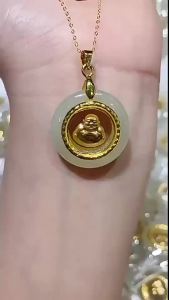 Gold-inlaid Hetian jade fortune-bringing Guanyin Buddha pendant for men and women solid gold Hetian jade necklace live broadcast gift