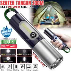 Senter Lampu Putih LED Jarak Jauh Teleskop Multifungsi MX-836 - Senter Led Laser Zoom Super Terang Multifungsi Tahan Air Portable MX836 Lampu - Senter LED Jarak Jauh Waterproof Zoomable USB Type C Rechargeable MaxPower MX-836 Cahaya Putih ~FSS