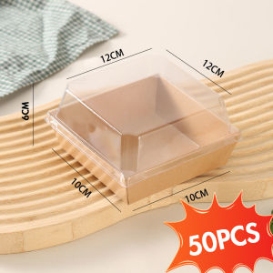 50PCS Food Packaging Box Kraft Paper Square Box with Clear Lids Mini Cake Food Containers Sandwich Box Packaging for Charcuterie Cake Dessert Bakery Box