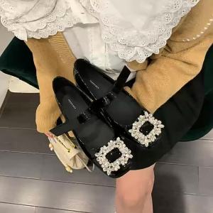 Giày cao gót chunky đính đá giày cao gót đơn cho nữ giày Mary Jane giày da thật giày da nhỏ giày mùa hè đa năng cho nữ