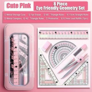8PCS Compass and Ruler Set Precision Drawing Kit Metal Geometry Set Multifunctional Student Tools with Protractor Straight Ruler Triangle Ruler School Office Supplies