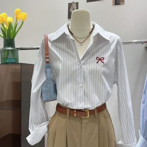 Korean Style Bow Embroidered Long Sleeve Shirt Casual Loose Lapel Striped Blouse Top