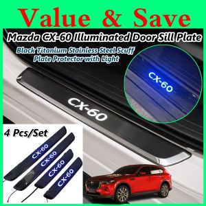 Mazda CX-60 CX60 Illuminated Door Sill Plate 4 Pc/Set Black Titanium Stainless Steel Scuff Plate Protector with Light