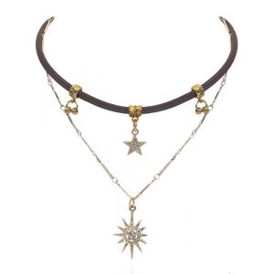 Vintage Bohemia Sun Star Zircon Necklace for Women Leather Necklace Double Layered Star Pendant Chain Choker Fashion Jewelry