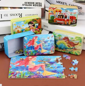 60pcs Wooden Cartoon Puzzle Kids Learning Jigsaw Puzzle Metal Box Early Learning Toys Toy Present Gift Kids