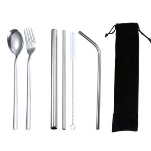 6-in-1 Spoon Fork and Straw Set Stainless Steel Flatware Set Portable Travel Eco-Friendly Cutlery Tableware Set with POUCH OR BOX CASE Dinnerware Set Kitchen Utensils