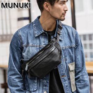 กระเป๋าคาดเอวหนังแท้แฟชั่นแบบใหม่ MUNUKI สำหรับกระเป๋าสะพายข้างของผู้ชายกระเป๋าเงินผู้ชายกระเป๋าคาดเอวกระเป๋าคาดอกหนังหนังวัวสำหรับ M128