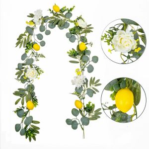 ZSDN MALL Realistic Artificial Lemon Garland Eucalyptus Leaves Greenery Faux Lemon Wreath Front Door Handmade Fake Plant Home Decoration
