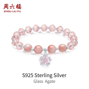 ZHOU LIU FU 周六福 S925 Sterling Silver Pink Agate Glass Bead Bracelet with Floral Charm Delicate Gift for Women Lover 17cm J1914473
